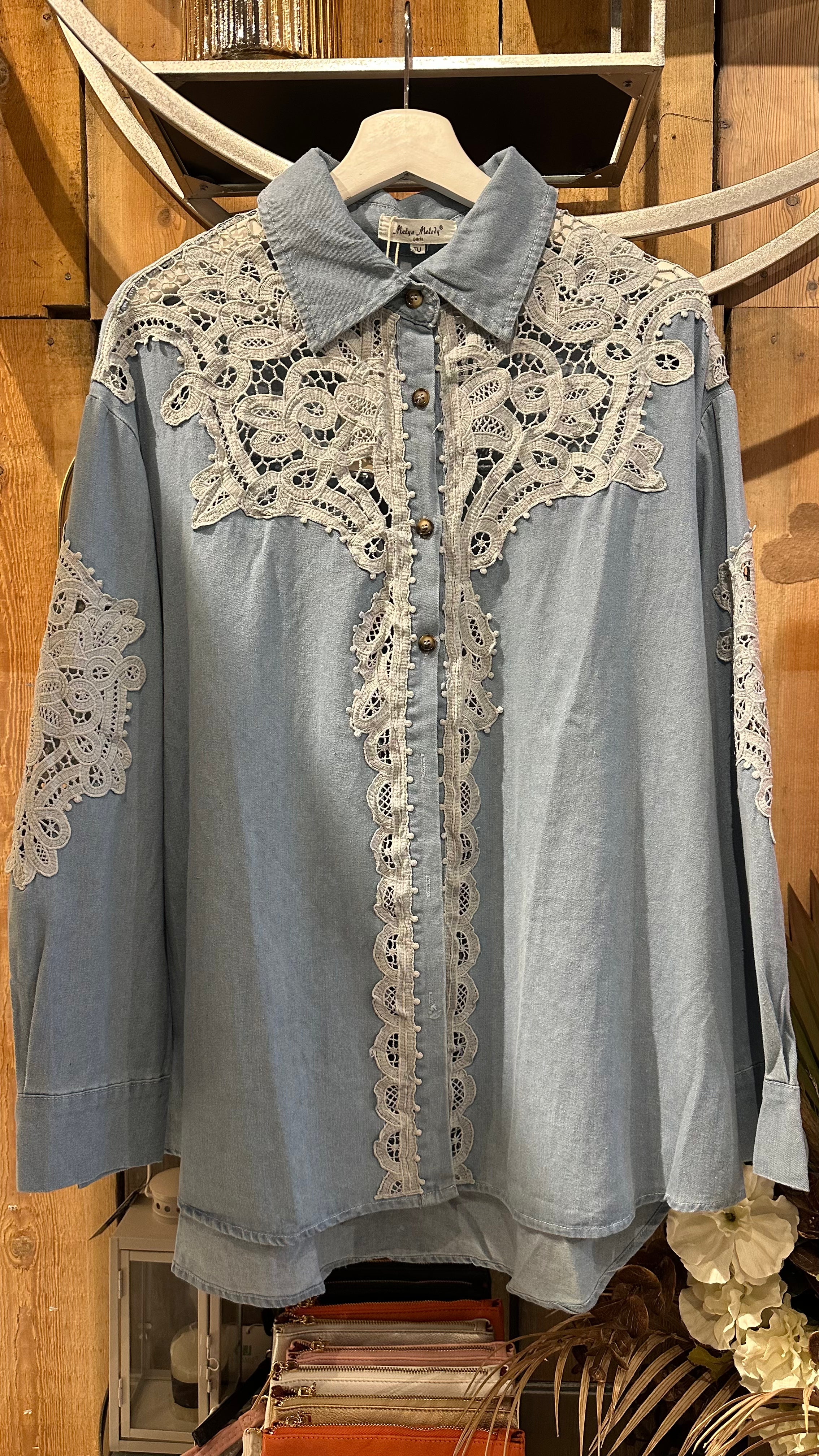 Denim Blouse With Lace Detail