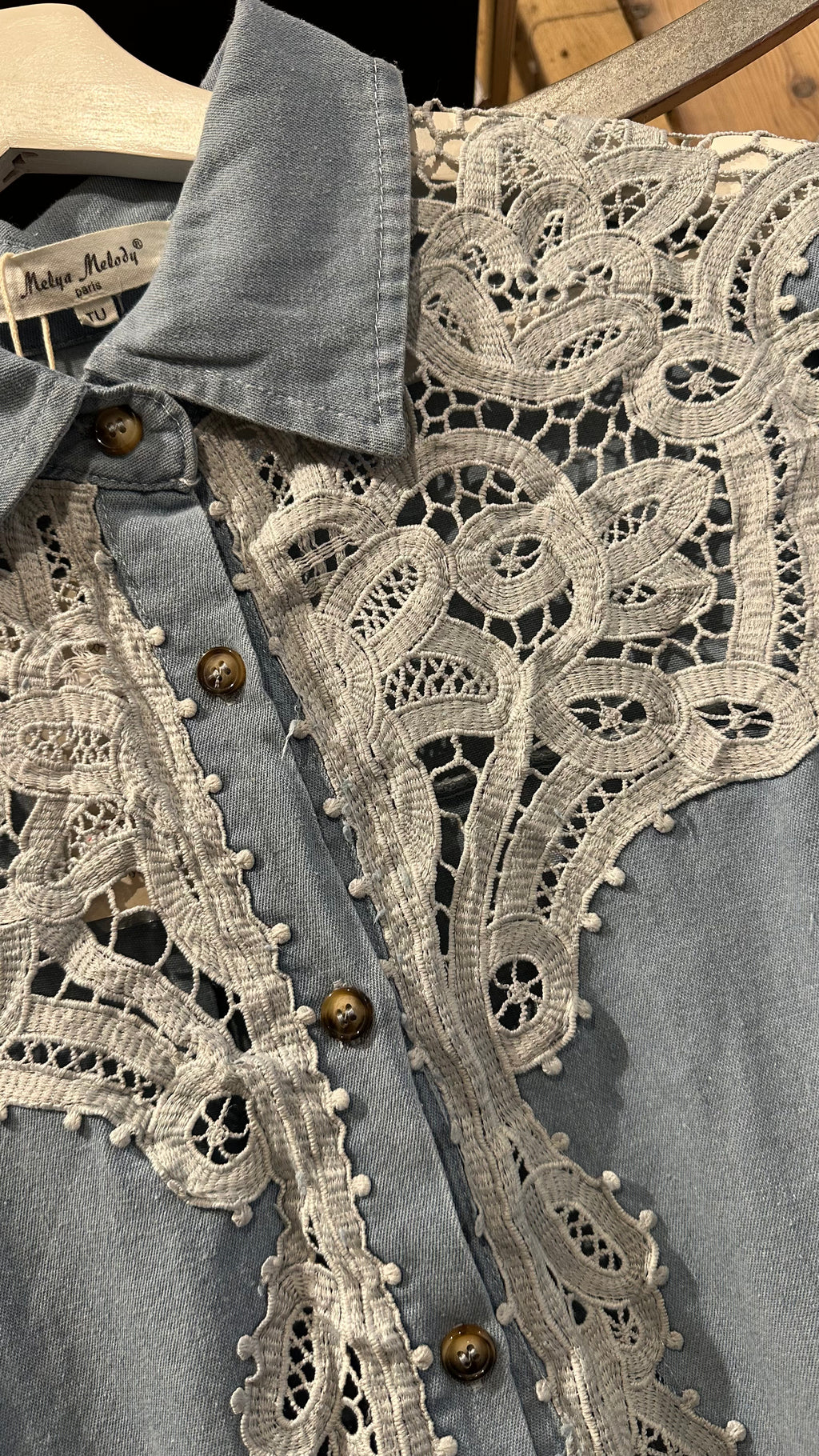 Denim Blouse With Lace Detail